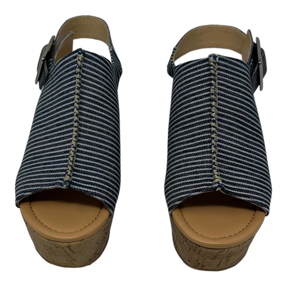 Marc Fisher Sinthya Blue Stripe Denim Cork Wedge Slingback Sandals 7.5 - Picture 10 of 11
